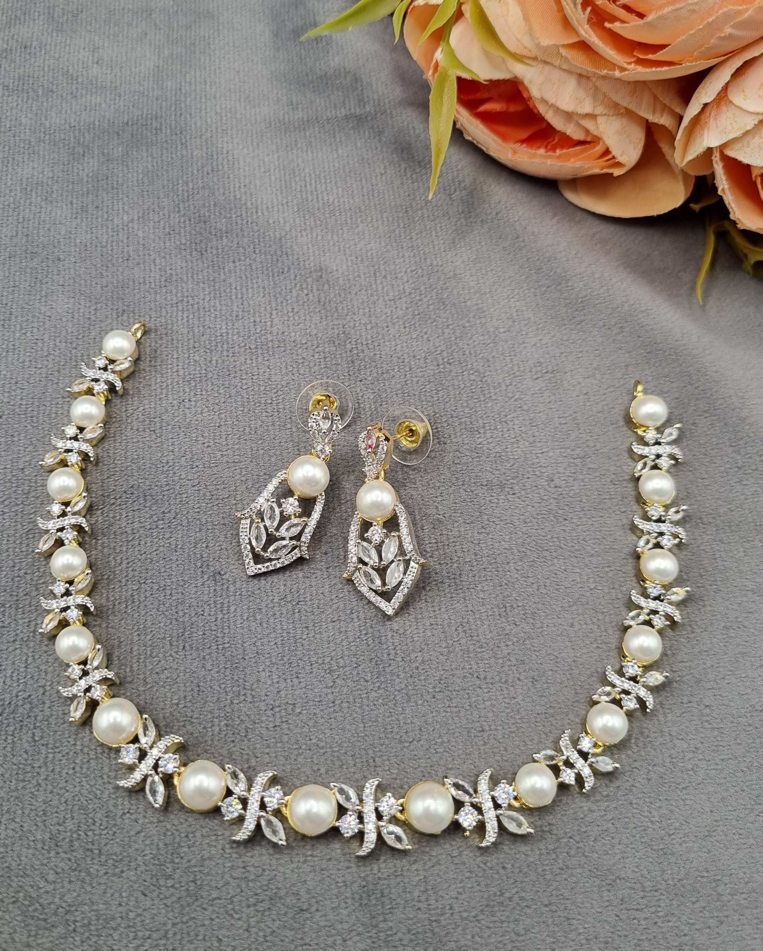 Graduated Pearl & Foliage American Diamond Necklace Set with Drop Earrings